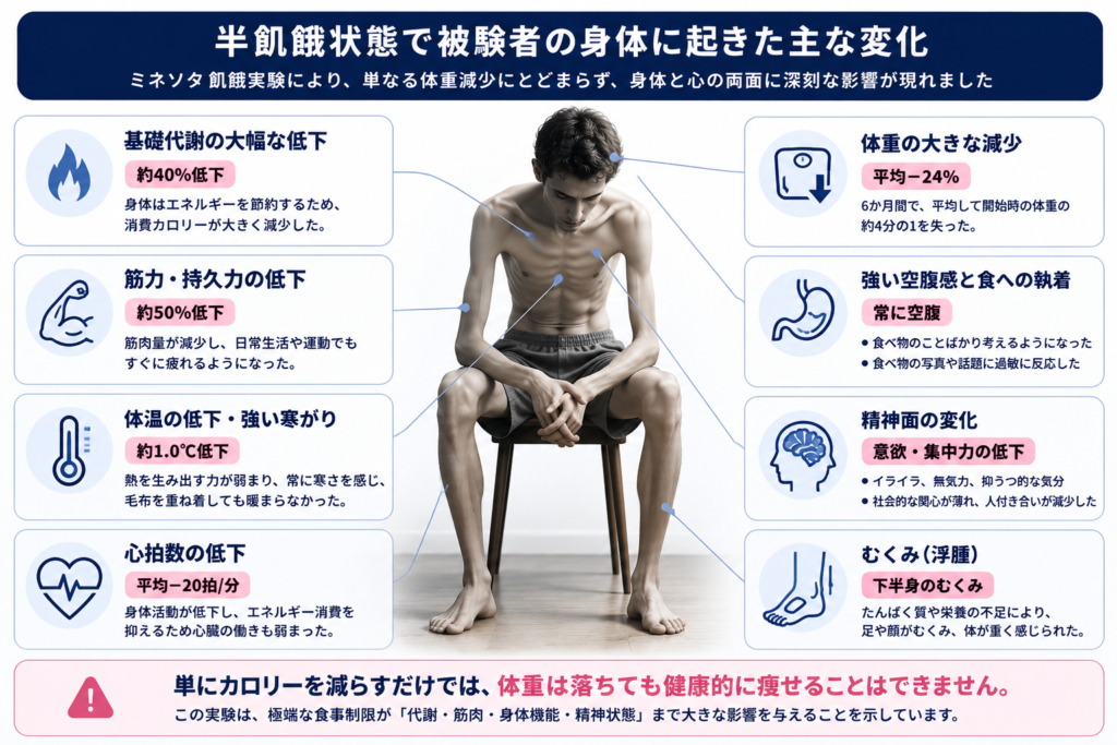 ミネソタ飢餓実験で半飢餓状態となった被験者に起きた身体と精神の変化をまとめた図。代謝の低下、体重減少、筋力低下、精神面の変化などを解説したインフォグラフィック。