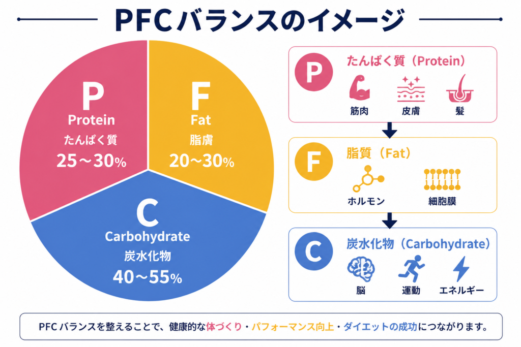 PFCバランスの目安と、たんぱく質・脂質・炭水化物それぞれの役割を示したインフォグラフィック。